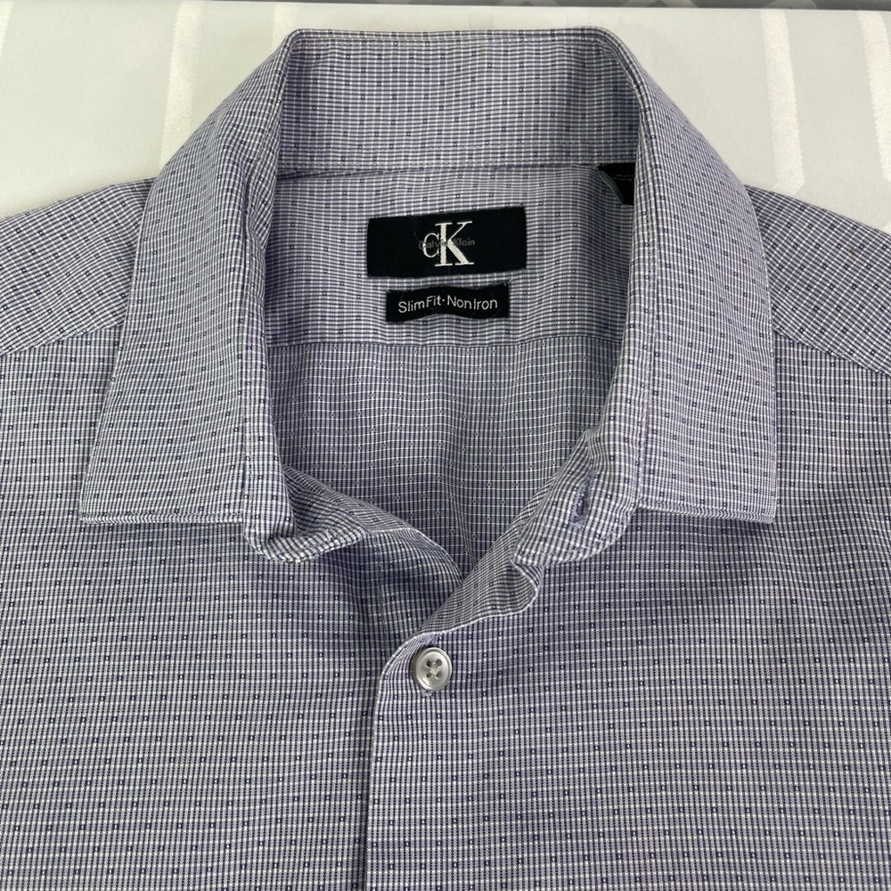 Calvin Klein Men’s Slim Fit Dress Shirt in Light Blue Micro-Check